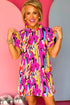 Abstract Print Frilled Neck Ruffled Sleeve Mini Dress